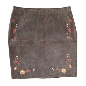 Y2K Nygard Suede Leather Embroidered Floral Pencil Skirt Brown Plus Size 20